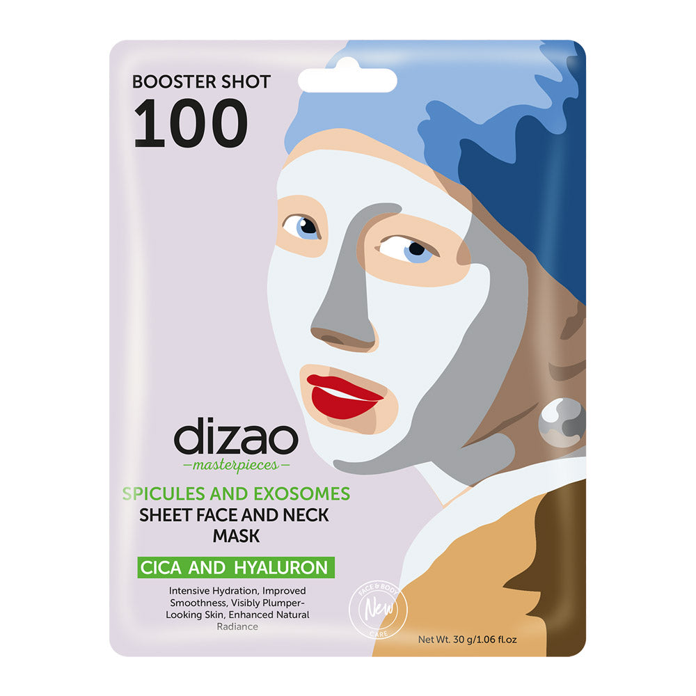 CICA AND HYALURON. SPICULES AND EXOSOMES SHEET FACE AND NECK MASK. BOOSTER SHOT 100.
