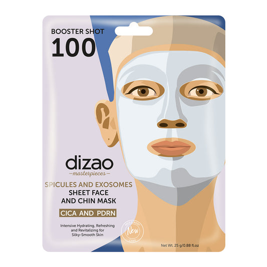 CICA AND PDRN. SPICULES AND EXOSOMES SHEET FACE AND NECK MASK. BOOSTER SHOT 100.